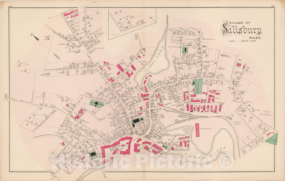 Historic Map : Atlas of Essex County, Salisbury 1884 , Vintage Wall Art