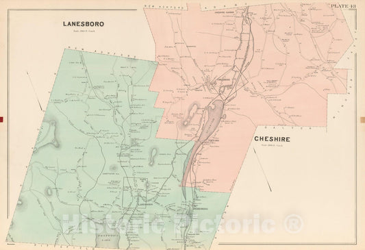 Historic Map : Atlas of Berkshire County Massachusetts, Cheshire & Lanesboro 1904 Plate 043 , Vintage Wall Art