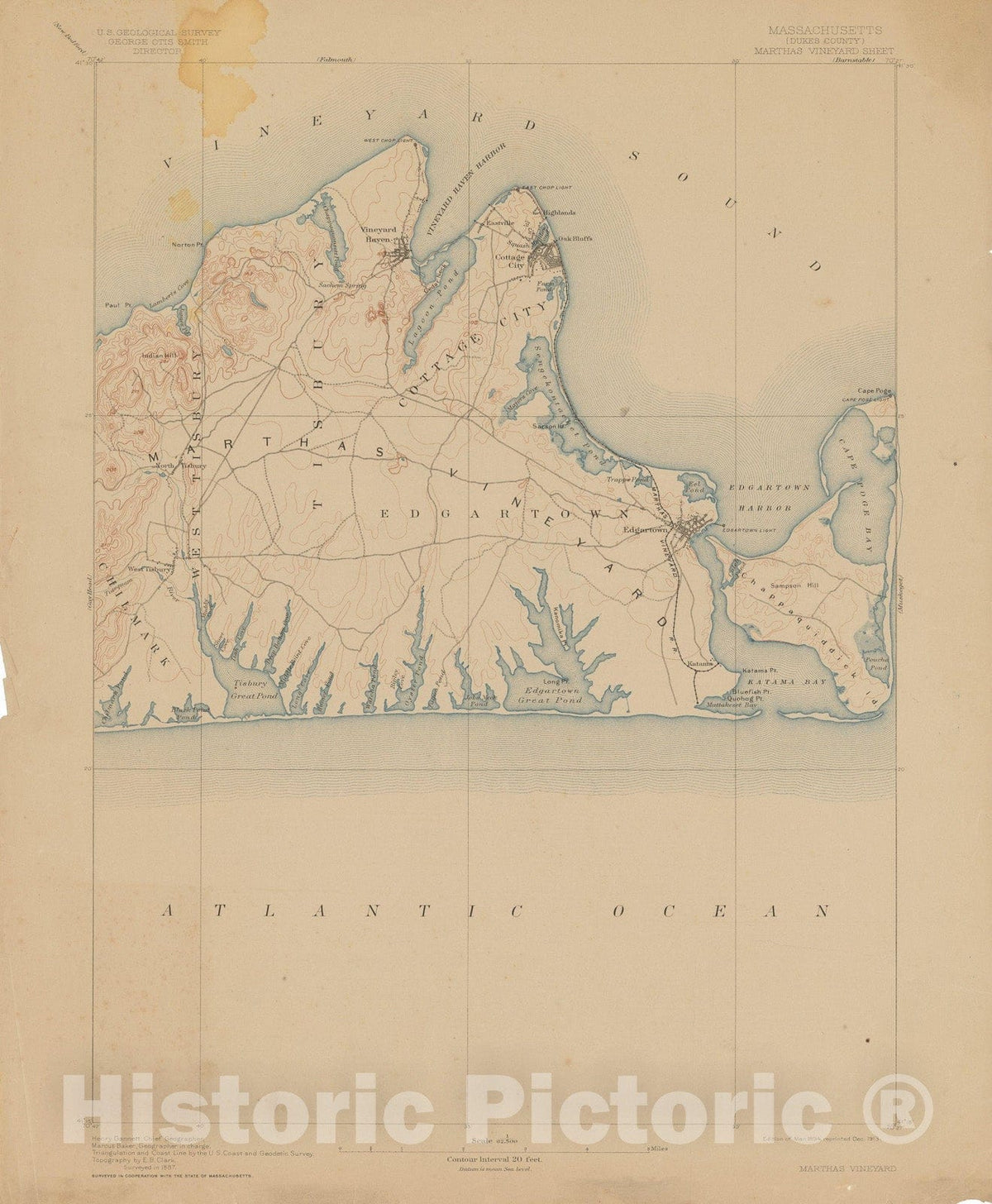Historic Map : USGS 7.5 Minute Sheets and Quadrangles, Martha's Vineyard 1913 Topographic Map , Vintage Wall Art