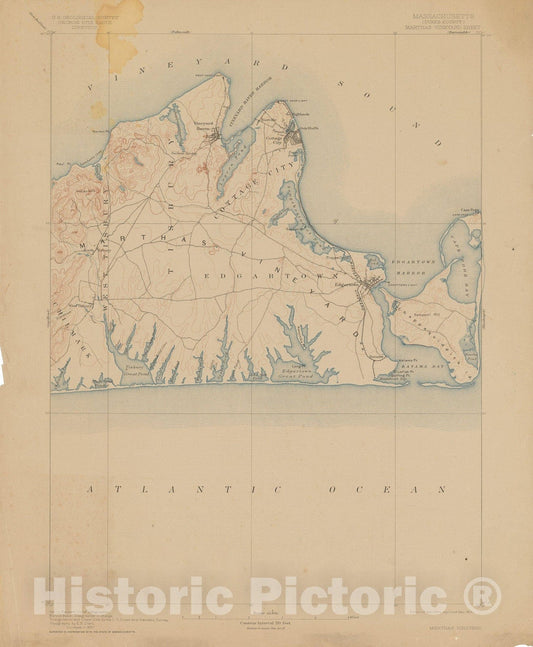 Historic Map : USGS 7.5 Minute Sheets and Quadrangles, Martha's Vineyard 1913 Topographic Map , Vintage Wall Art