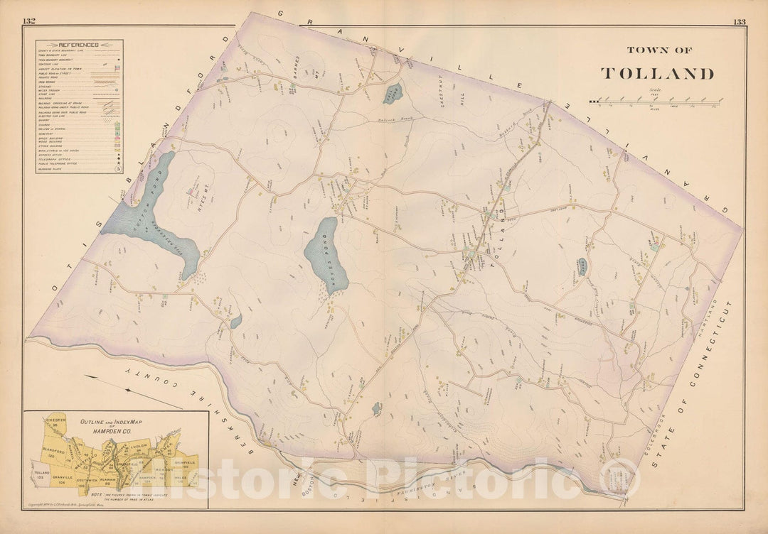 Historic Map : Atlas of Hampden County, Massachusetts, Tolland 1894 , Vintage Wall Art
