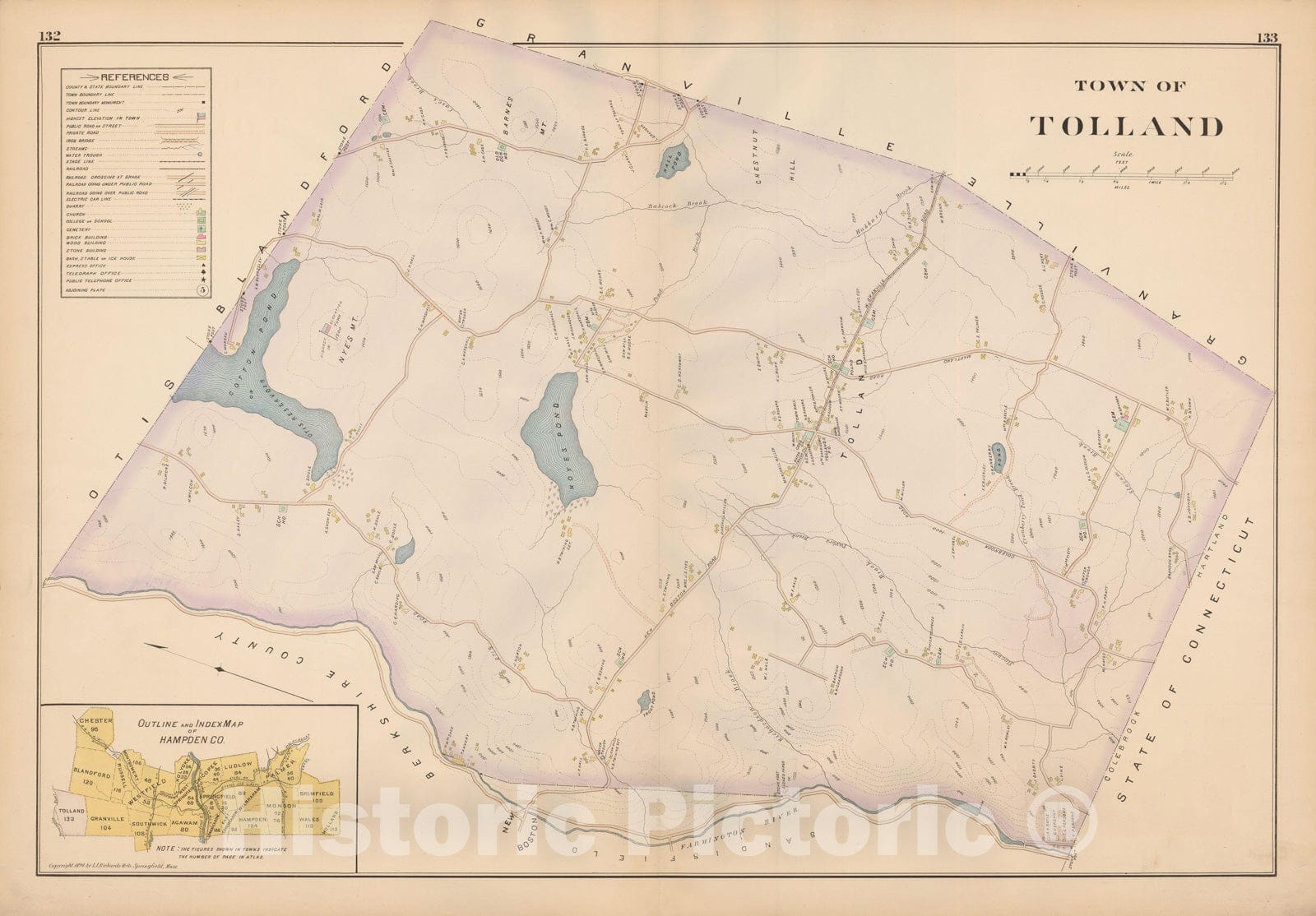 Historic Map : Atlas of Hampden County, Massachusetts, Tolland 1894 , Vintage Wall Art