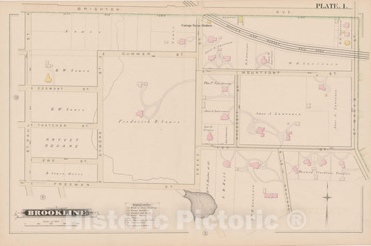 Historic Map : Atlas of Brookline, MA, Brookline 1884 Plate 001 , Vintage Wall Art