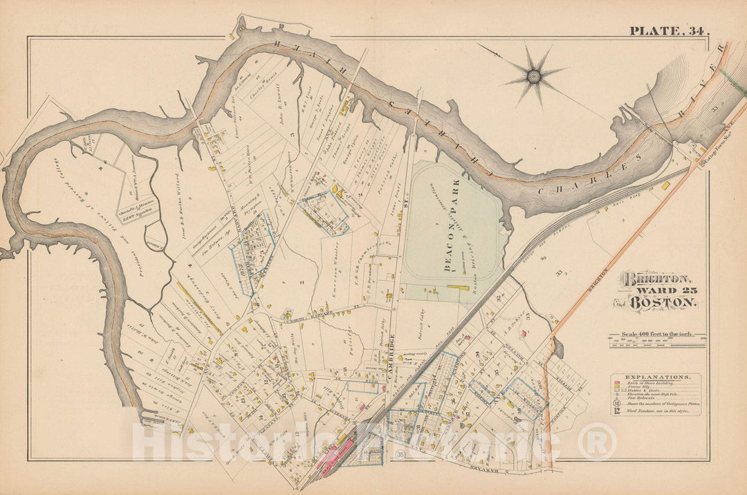 Historic Map : City Atlas of Boston, Massachusetts, Allston & Brighton 1882 Plate 034 , Vintage Wall Art