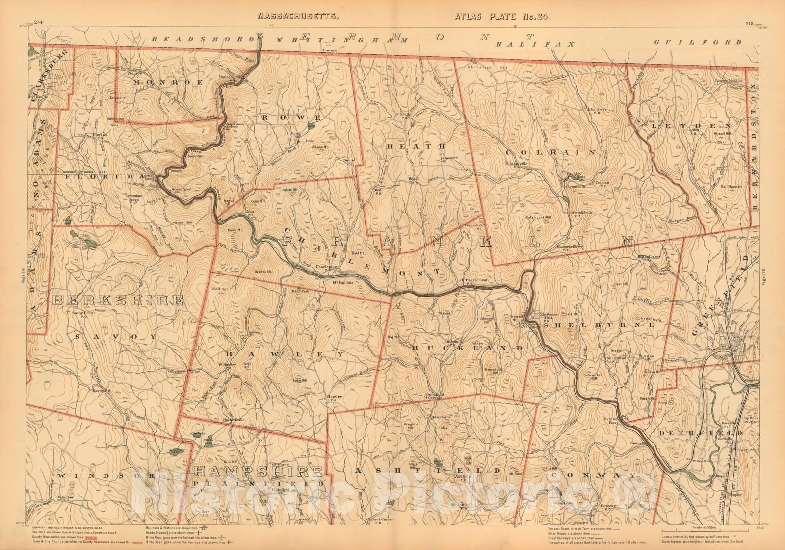 Historic Map : Atlas of Mass, Ashfield & Buckland & Florida & Greenfield & Heath & Monroe & Rowe & Savoy & Shelburne 1891 Plate 024 , Vintage Wall Art