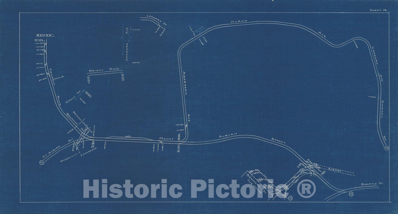 Historic Map : Boston Elevated Railway Track Plans, Belmont & Cambridge 1936 Plate 014 , Vintage Wall Art
