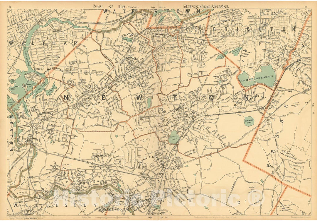 Historic Map : Atlas of Massachusetts, Newton 1904 , Vintage Wall Art