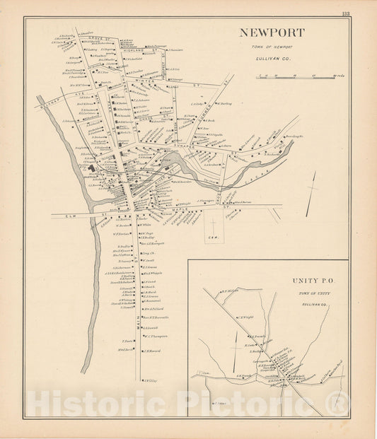 Historic Map : Newport & Unity 1892 , Town and City Atlas State of New Hampshire , Vintage Wall Art