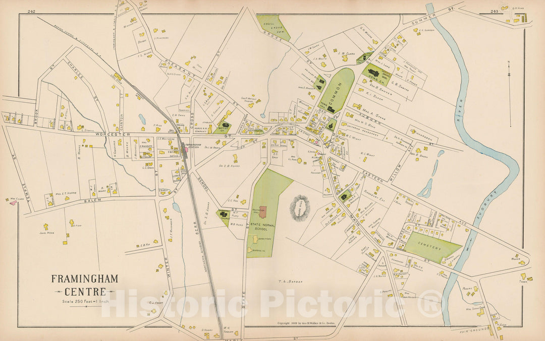 Historic Map : Atlas of Middlesex County, Massachusetts, Framingham 1889 , Vintage Wall Art