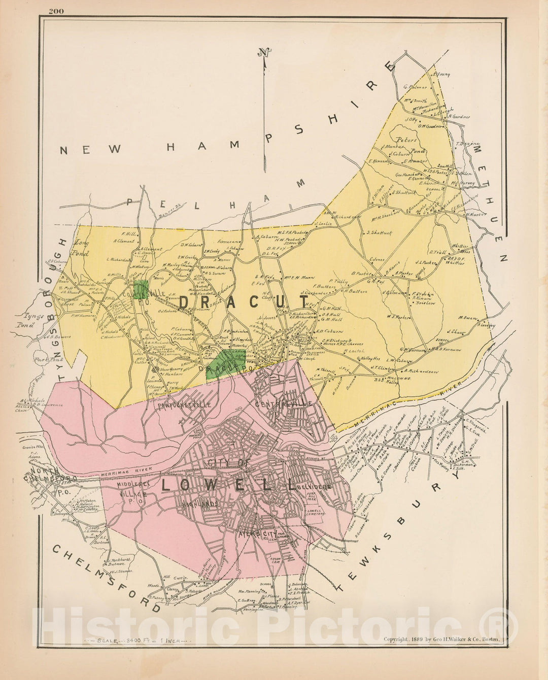 Historic Map : Atlas of Middlesex County, Massachusetts, Dracut & Lowell 1889 , Vintage Wall Art