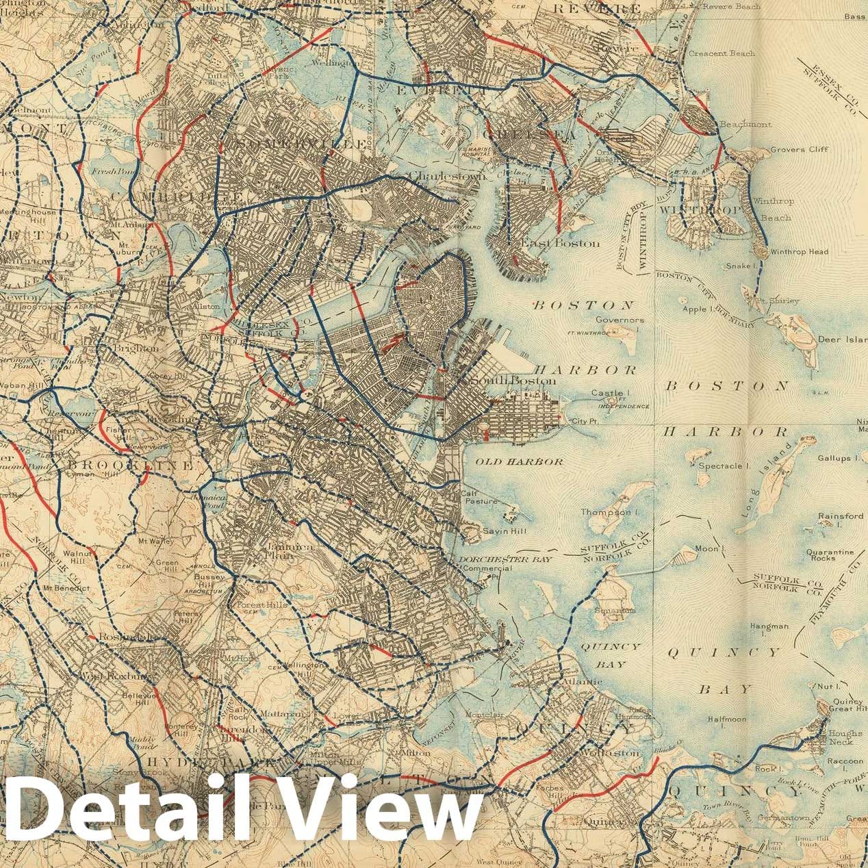 Historic Map : Boston & Cambridge & Charlestown 1909 , Vintage Wall Art