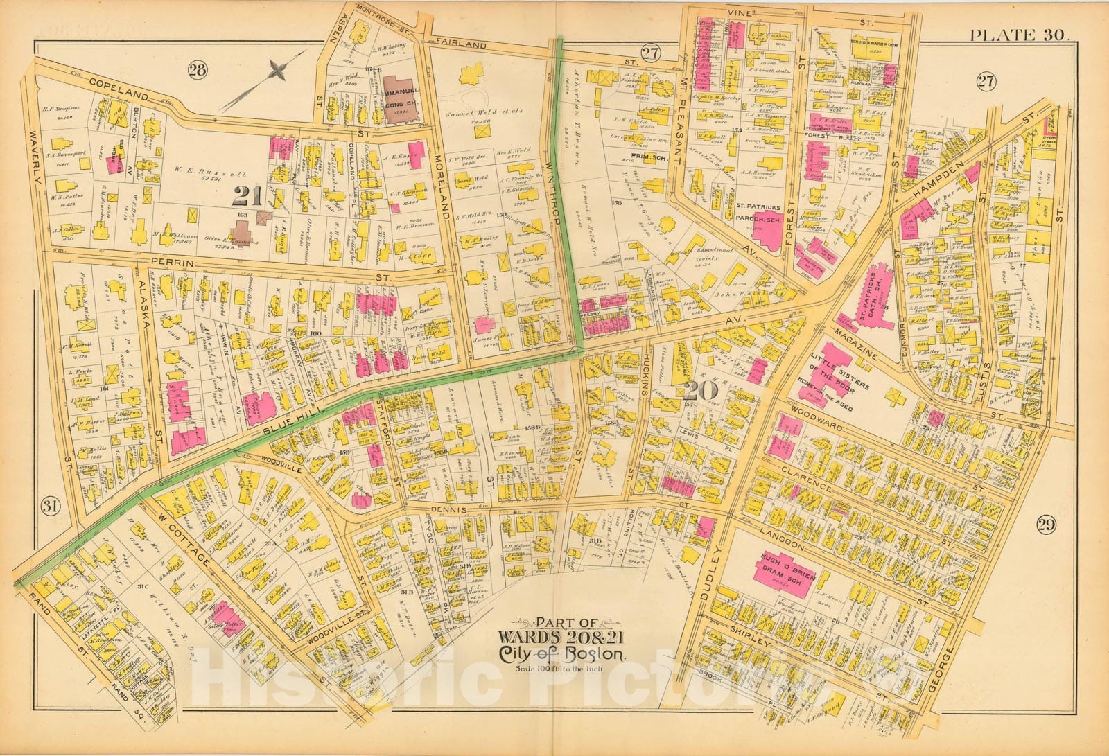 Historic Map : Atlas City of Boston, City Proper and Roxbury, Boston & Roxbury 1890 Plate 030 , Vintage Wall Art