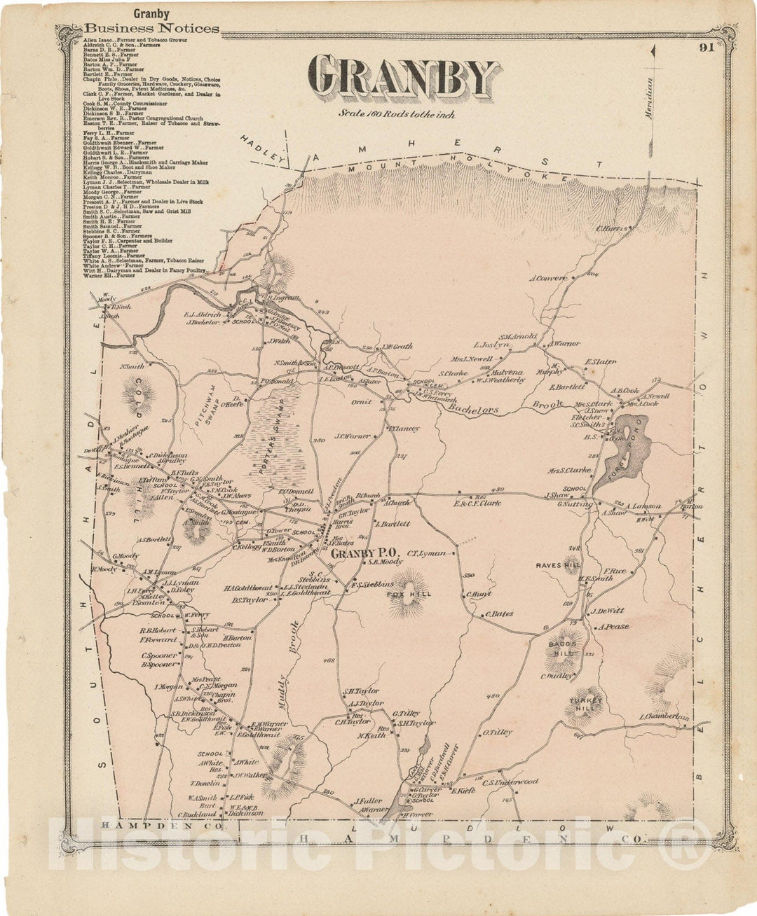 Historic Map : Atlas of Hampshire County Massachusetts, Granby 1873 , Vintage Wall Art