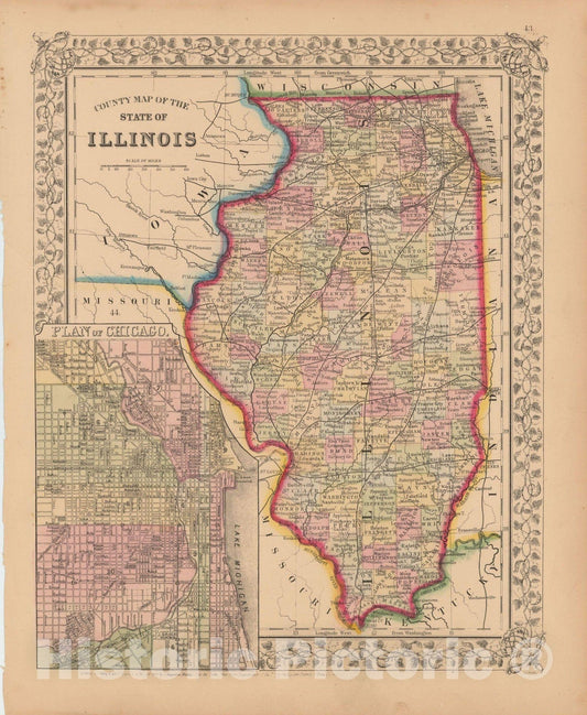 Historic Map : Illinois 1867 , New General Atlas , Vintage Wall Art