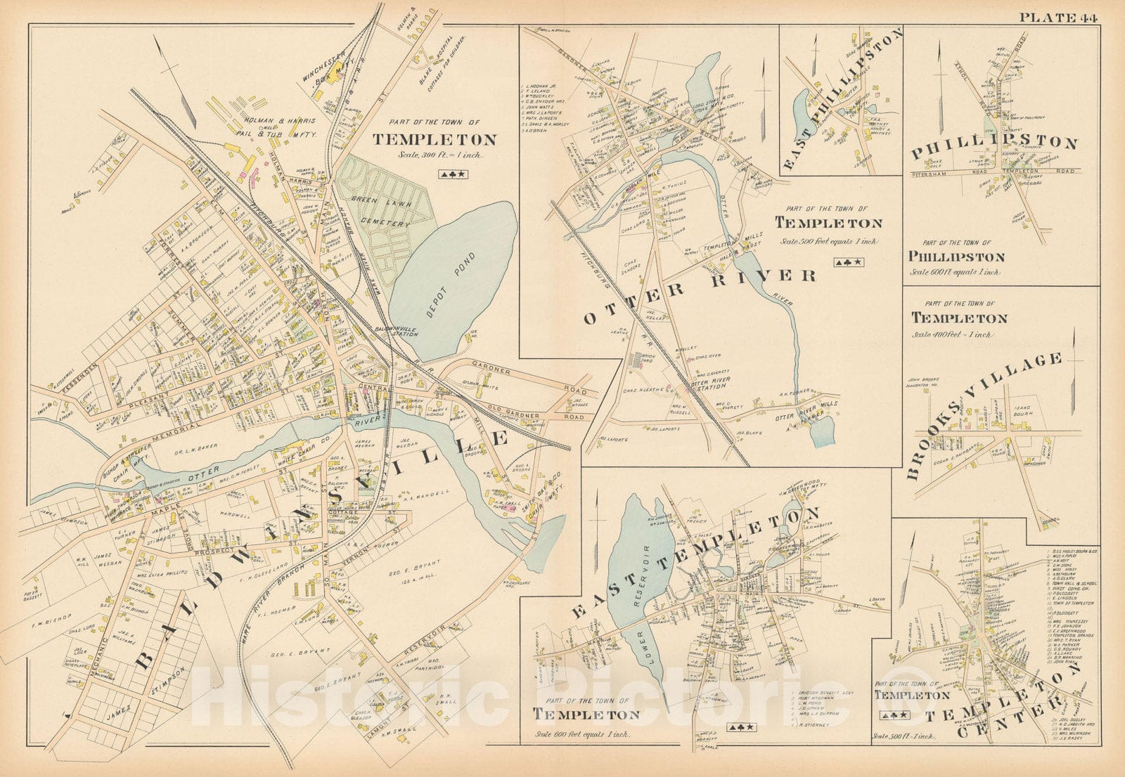 Historic Map : New Topo Atlas County of Worcester, Phillipston & Templeton 1898 Plate 044 , Vintage Wall Art
