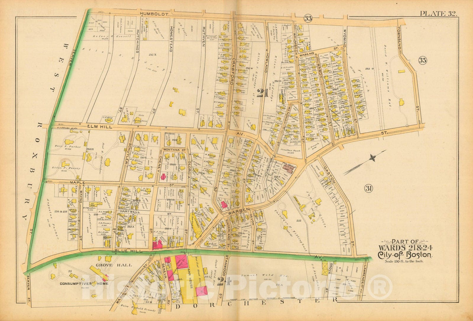 Historic Map : Atlas City of Boston, City Proper and Roxbury, Boston & Roxbury 1890 Plate 032 , Vintage Wall Art