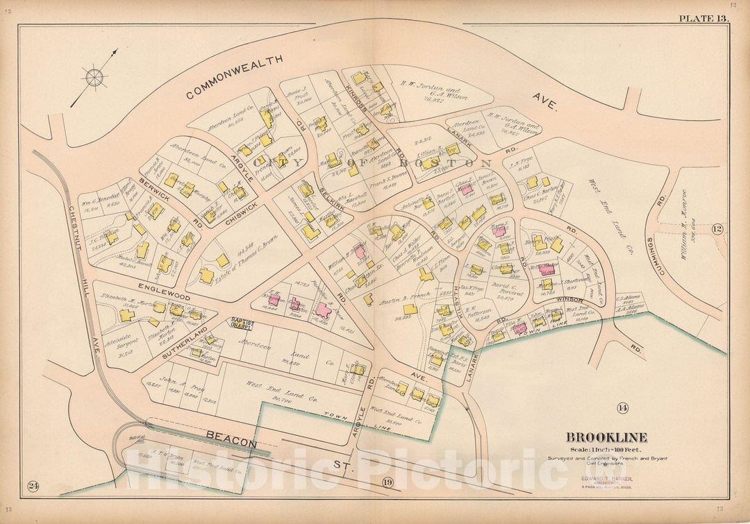 Historic Map : Atlas Town of Brookline, Brookline 1897 Plate 013 , Vintage Wall Art