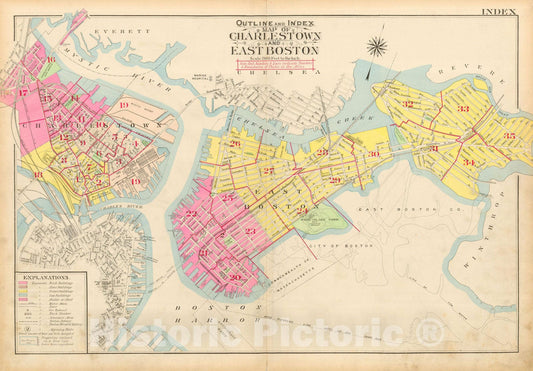 Historic Map : Atlas City of Boston: Charlestown and East Boston, Charlestown & East Boston 1912 Index Plate , Vintage Wall Art