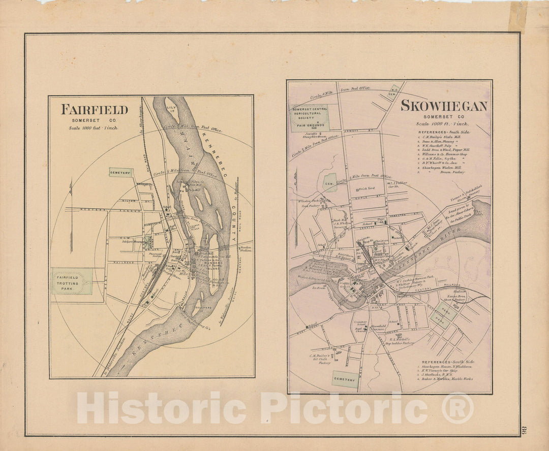 Historic Map : Atlas of Maine, Fairfield & Skowhegan 1885 , Vintage Wall Art