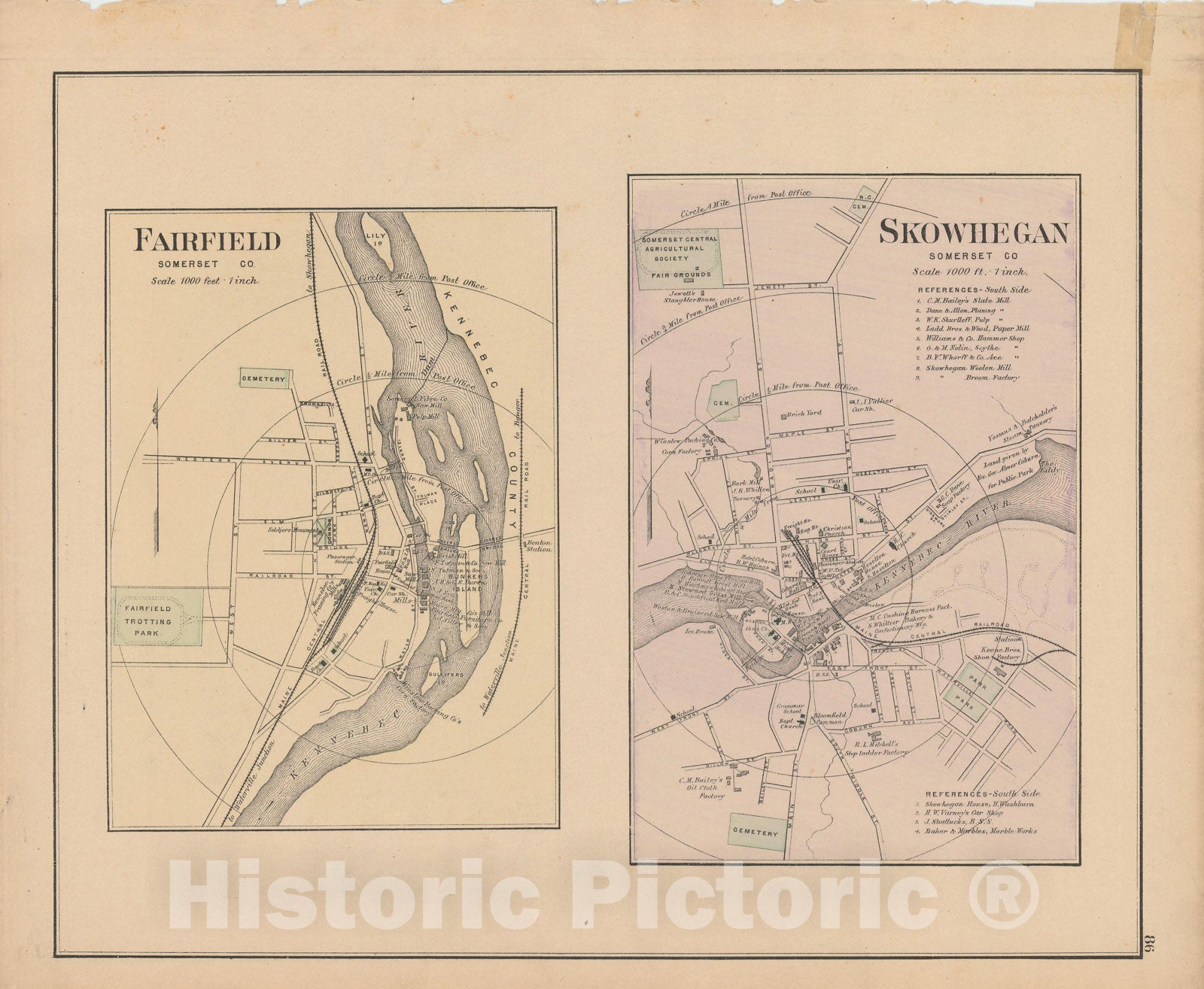 Historic Map : Atlas of Maine, Fairfield & Skowhegan 1885 , Vintage Wall Art