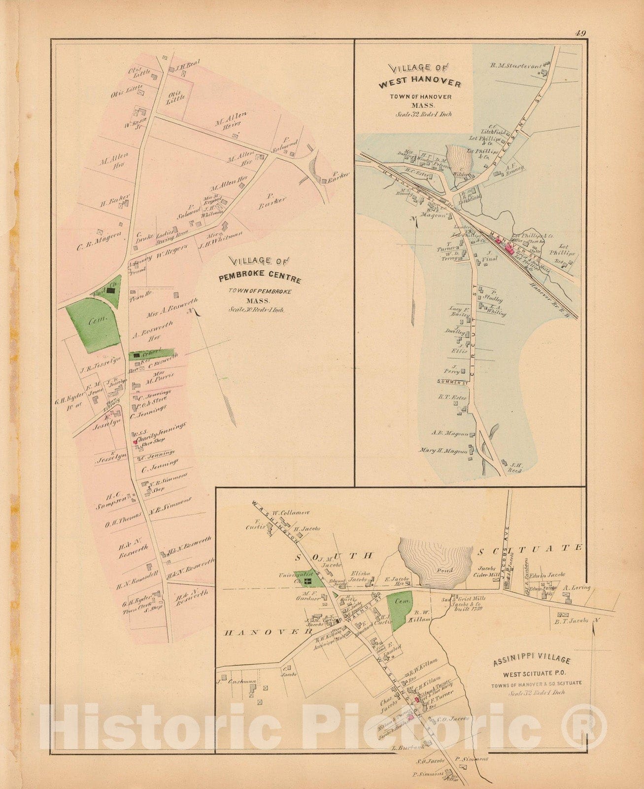 Historic Map : Atlas of Plymouth County Massachusetts, Hanover & Pembroke & Scituate 1879 , Vintage Wall Art