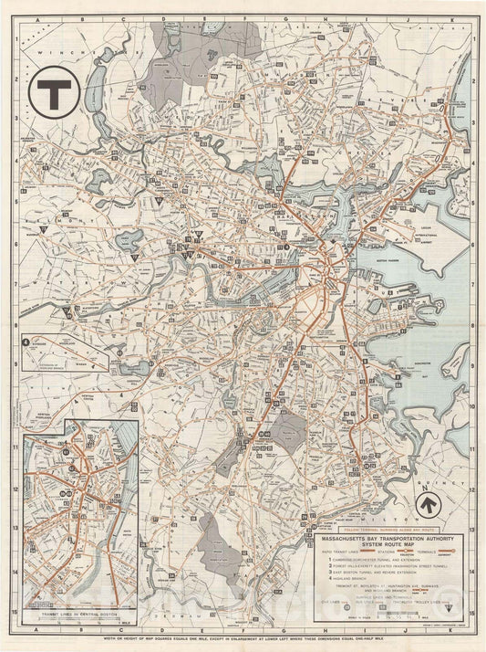 Historic Map : Greater Boston Transit Maps, MBTA System Route Map 1965 Railroad Catography , Vintage Wall Art