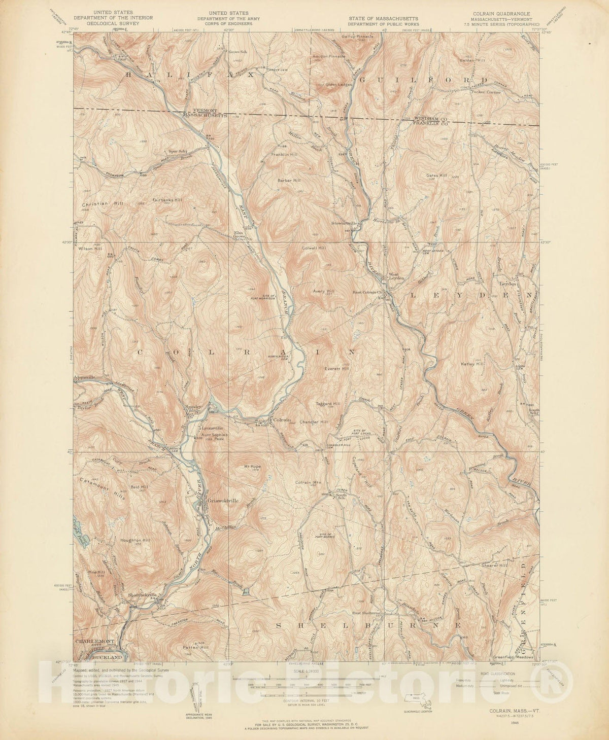 Historic Map : USGS 7.5 Minute Sheets and Quadrangles, Colrain 1945 Topographic Map , Vintage Wall Art