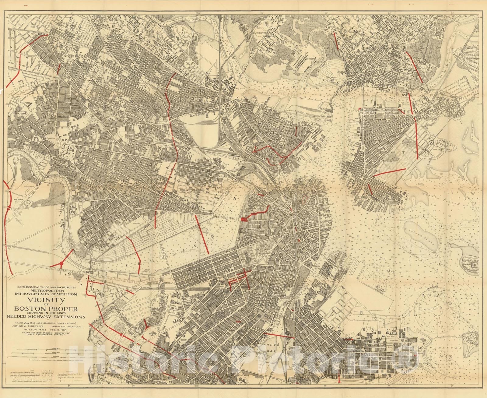 Historic Map : Boston & Cambridge & Charlestown & Somerville 1909 , Vintage Wall Art