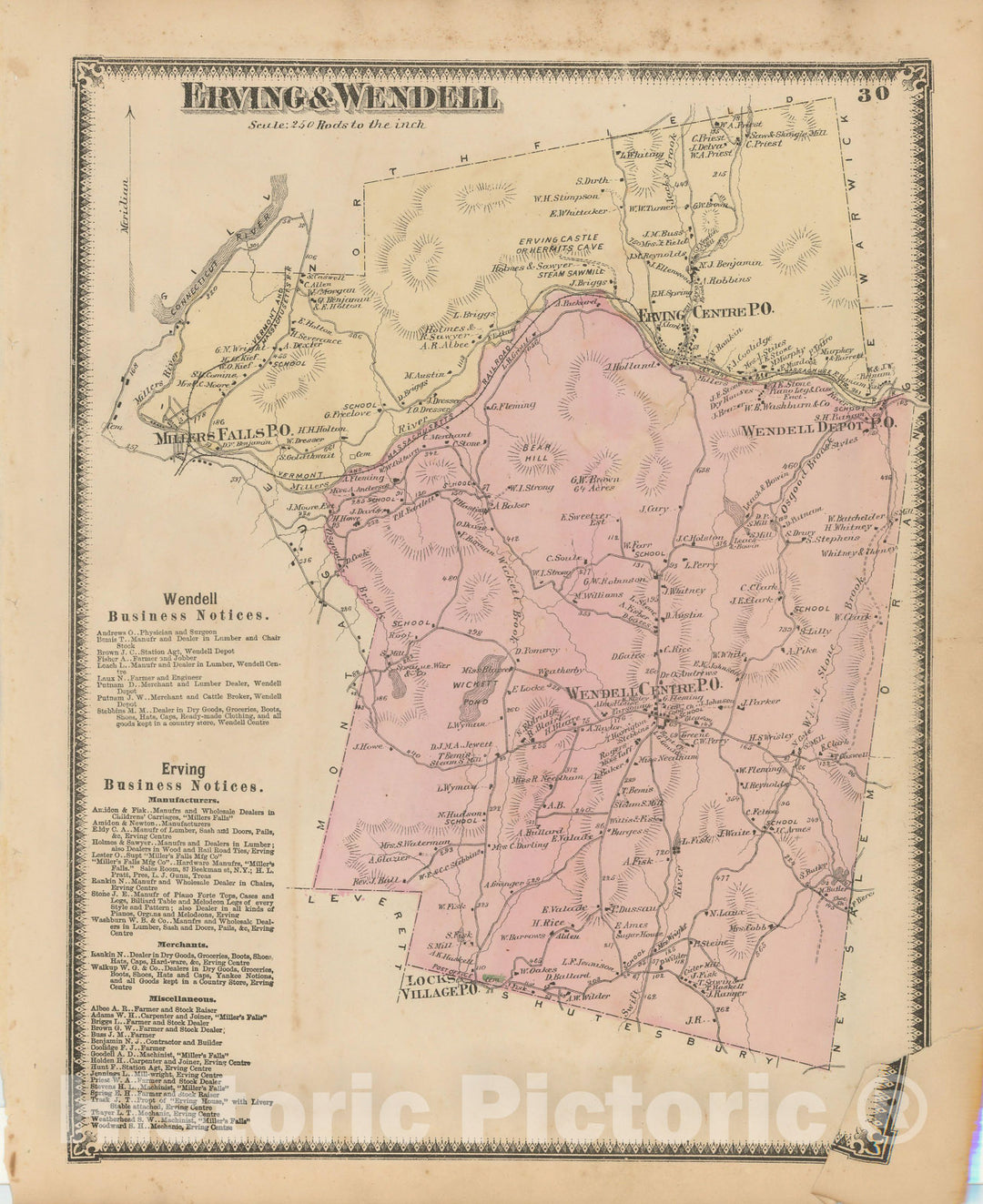 Historic Map : Atlas of Franklin Co. Massachusetts, Erving & Wendell 1871 , Vintage Wall Art