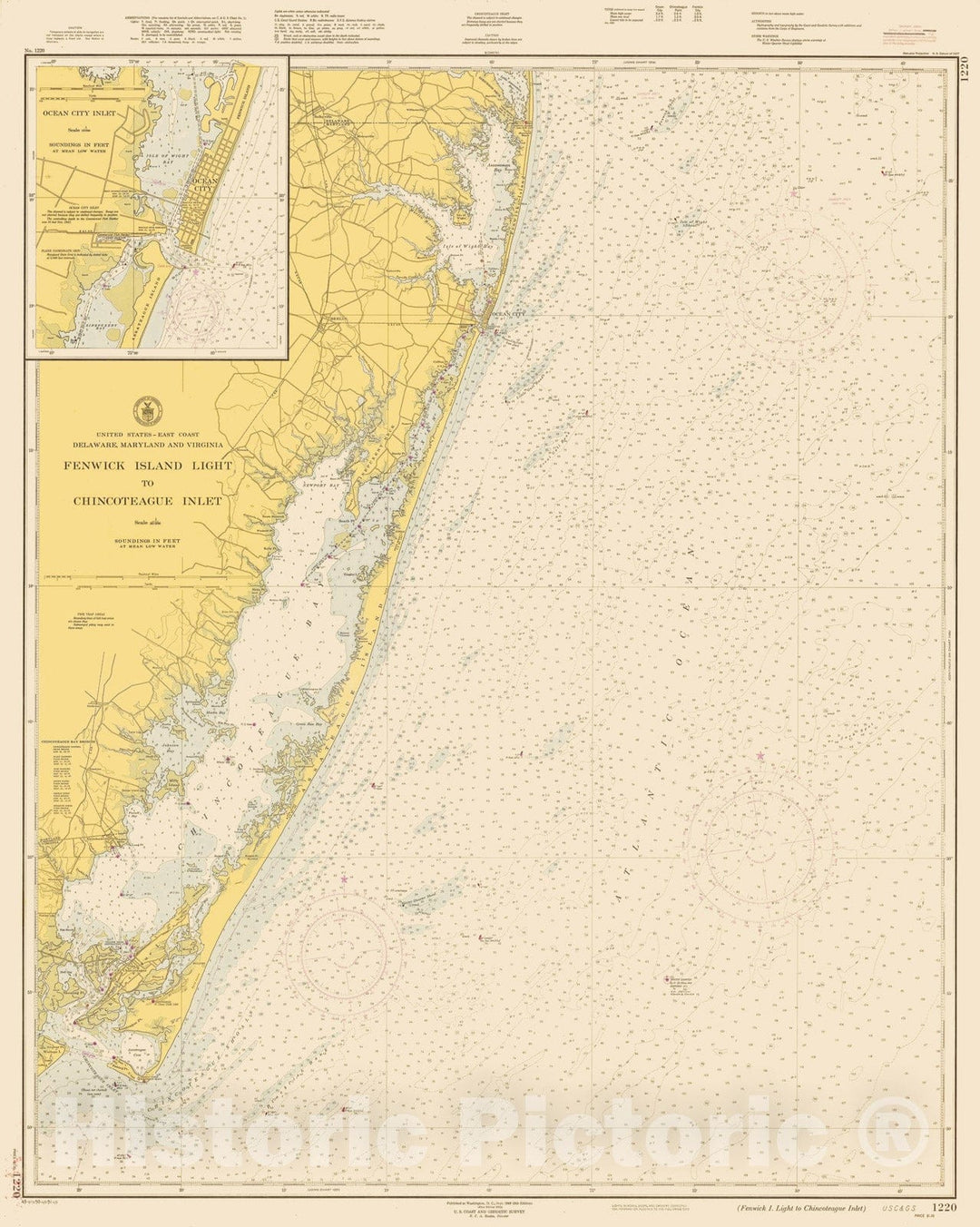 Historic Map : Coastal Charts - Fenwick Island Light to Chincoteague Inlet 1951 , Vintage Wall Art