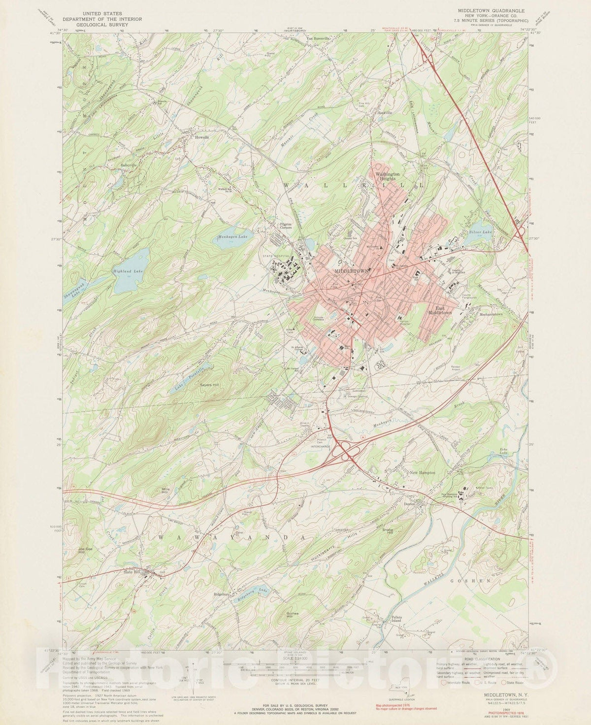 Historic Map : USGS 7.5 Minute Sheets and Quadrangles, Middletown & Wallkill 1976 Topographic Map , Vintage Wall Art