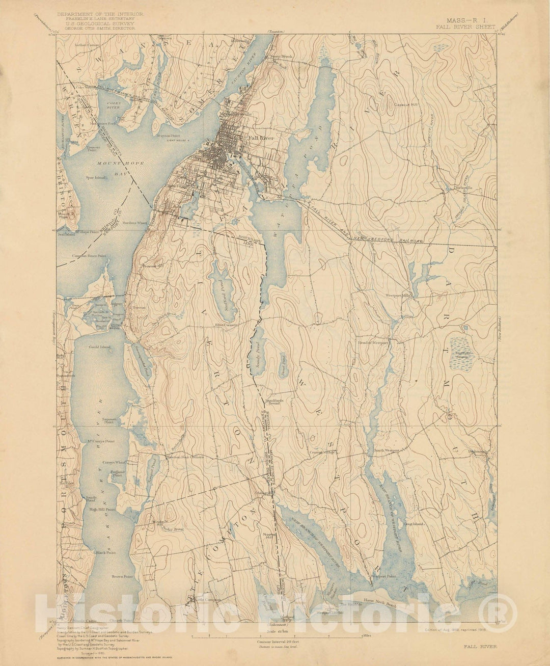 Historic Map : USGS 7.5 Minute Sheets and Quadrangles, Fall River & Tiverton & Westport 1918 Topographic Map , Vintage Wall Art