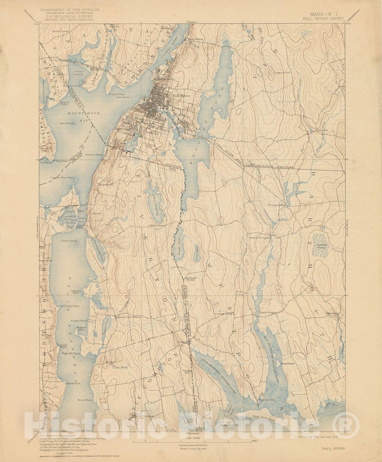 Historic Map : USGS 7.5 Minute Sheets and Quadrangles, Fall River & Tiverton & Westport 1918 Topographic Map , Vintage Wall Art