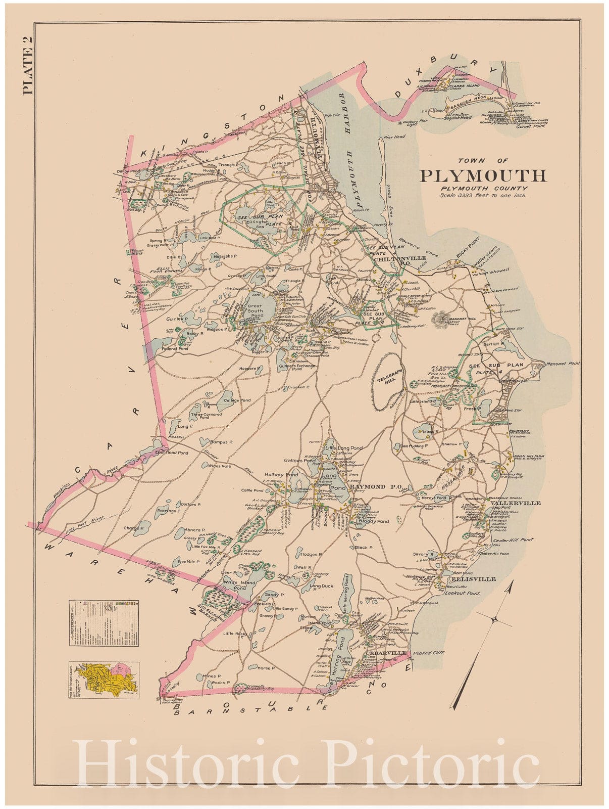 Historic Map : MA, Plymouth 1903 Plate 002 , New Topographical Atlas of Surveys of Plymouth County ... , Vintage Wall Art