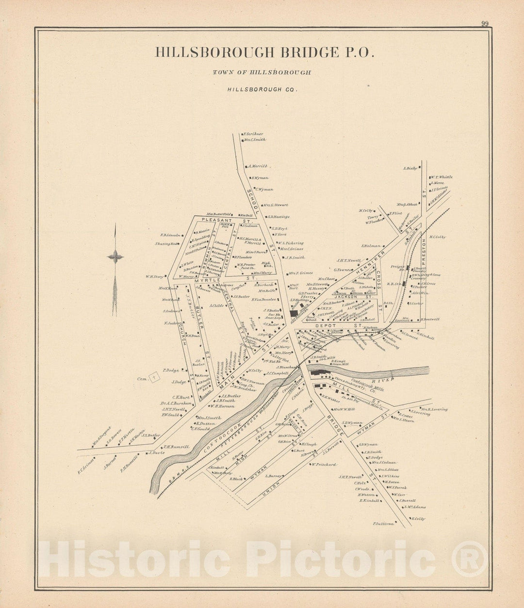 Historic Map : Hillsborough 1892 , Town and City Atlas State of New Hampshire , Vintage Wall Art