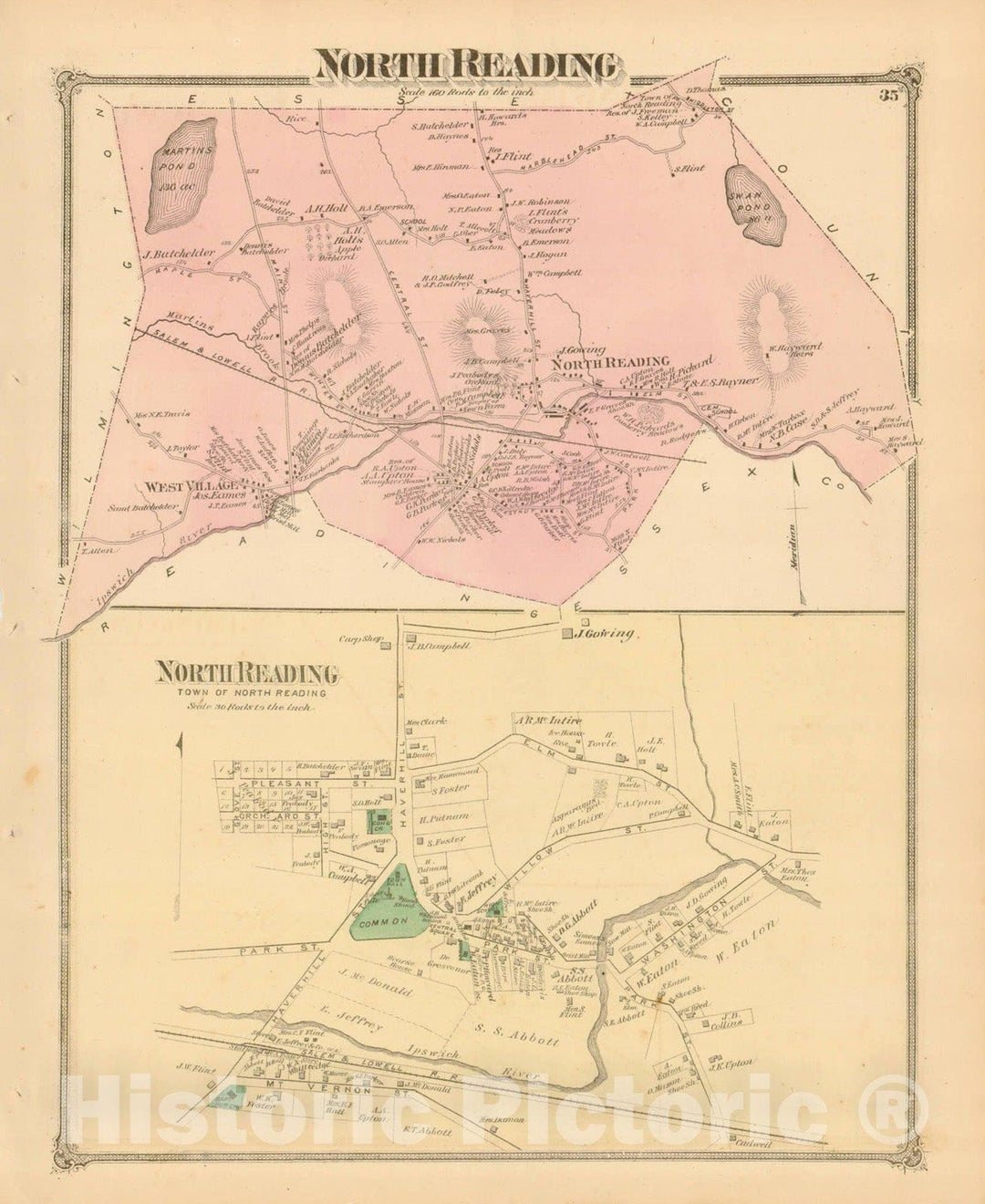 Historic Map : County Atlas of Middlesex Massachusetts, North Reading 1875 , Vintage Wall Art