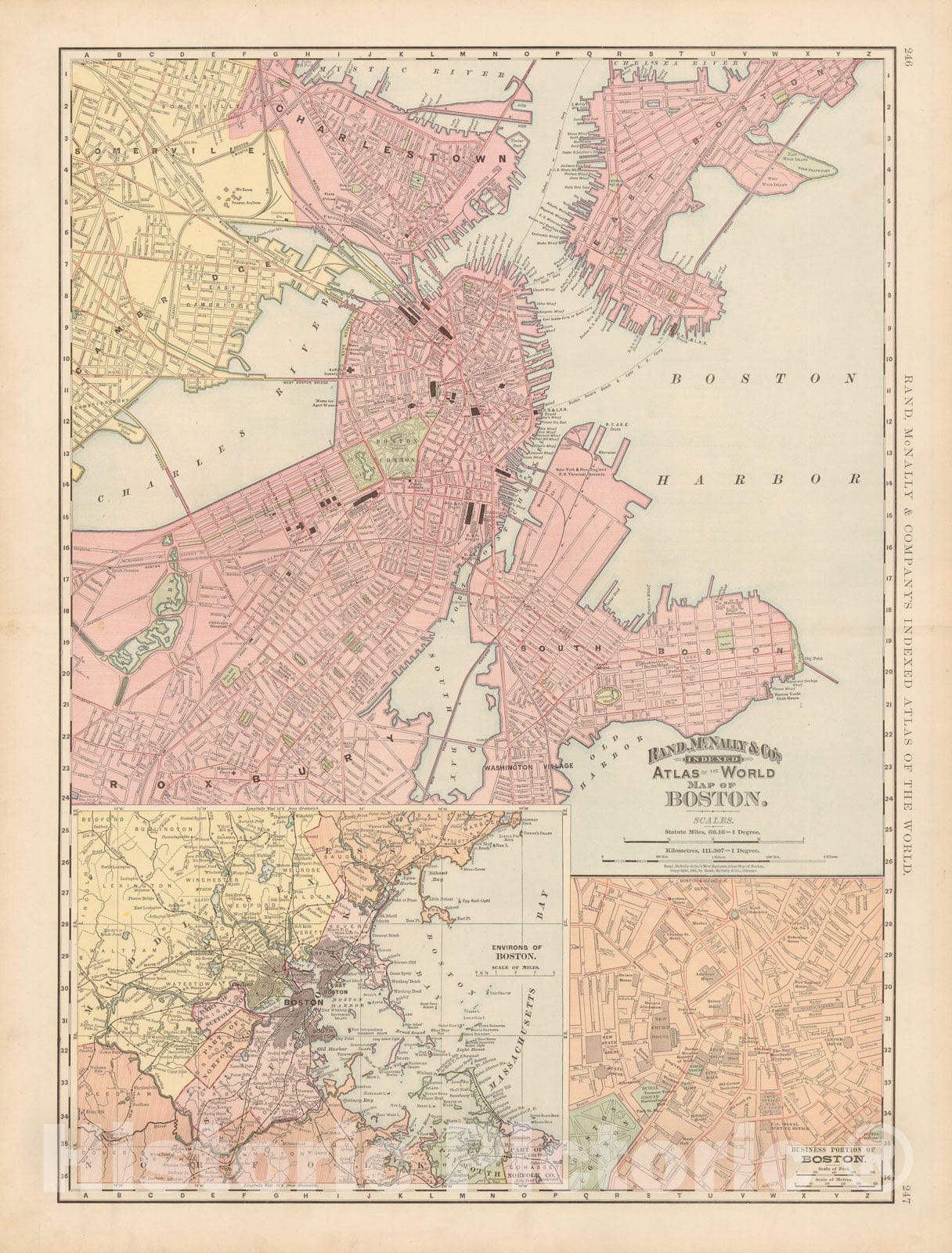 Historic Map : Boston 1891 , Rand McNally's Atlas World , Vintage Wall Art