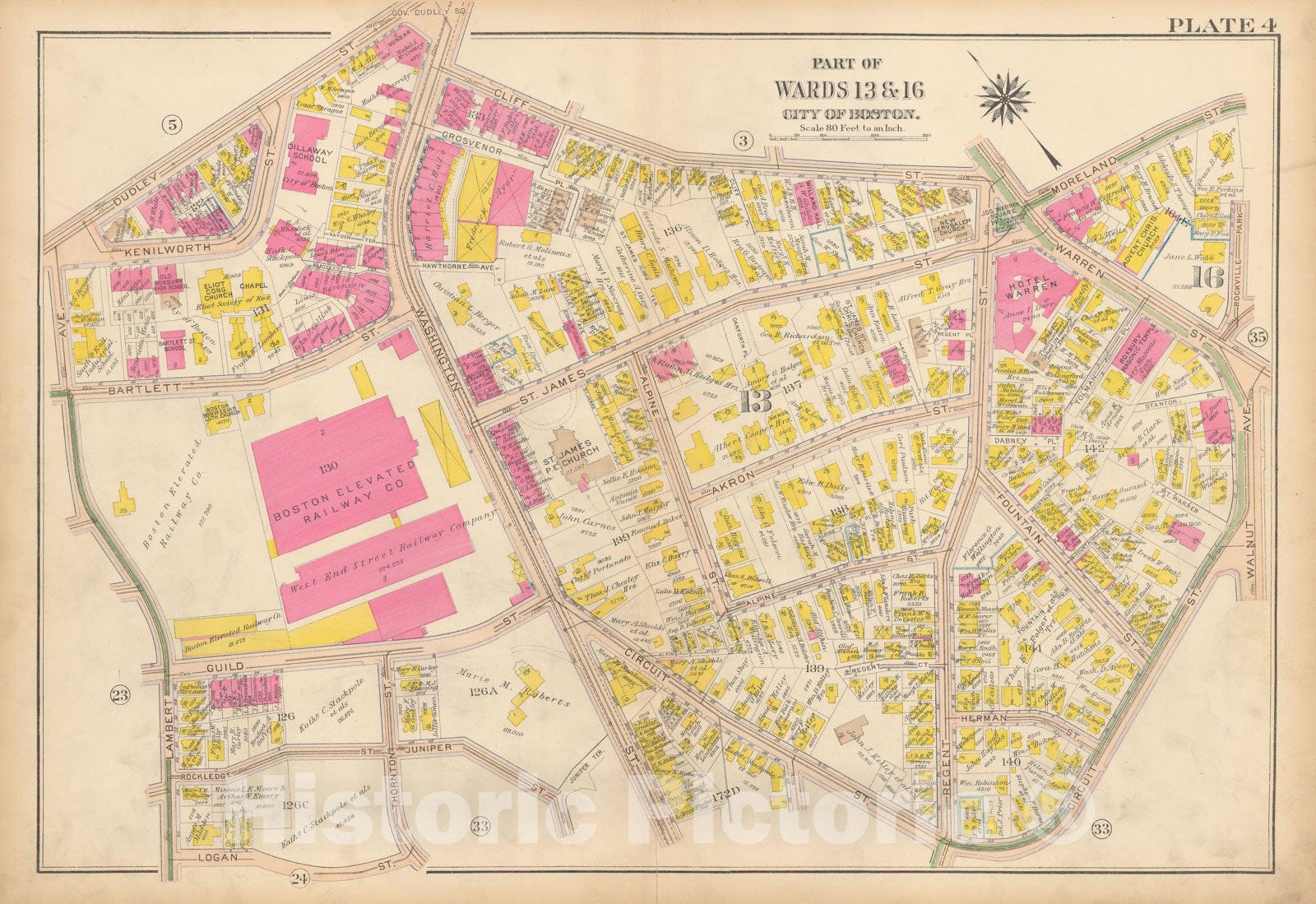 Historic Map : Atlas City of Boston, Roxbury, Roxbury 1915 Plate 004 , Vintage Wall Art