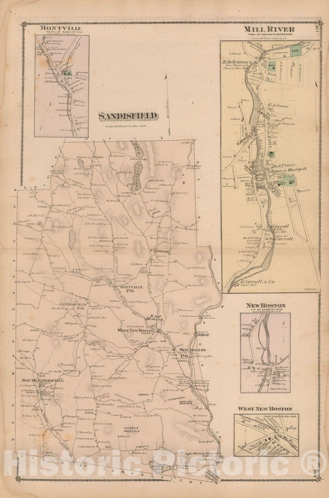 Historic Map : County Atlas of Berkshire County, Sandisfield 1876 , Vintage Wall Art