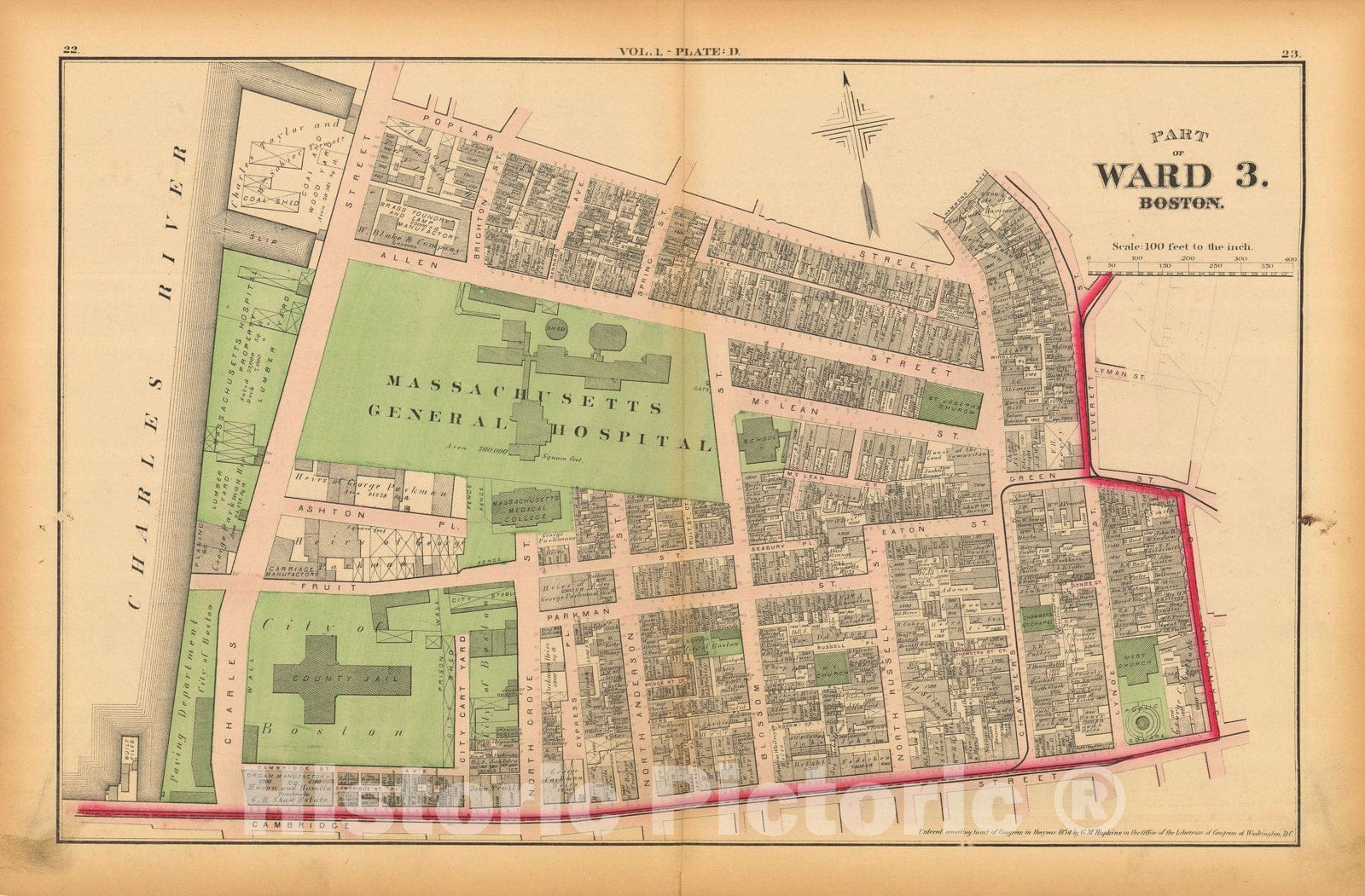 Historic Map : Atlas of County of Suffolk, MA Vol. 1 including Boston Proper, Boston 1874 Plate D , Vintage Wall Art