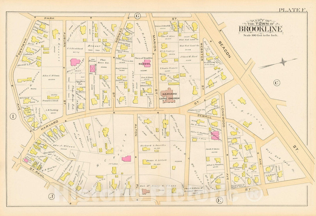Historic Map : Atlas Town of Brookline, Brookline 1888 Plate F , Vintage Wall Art