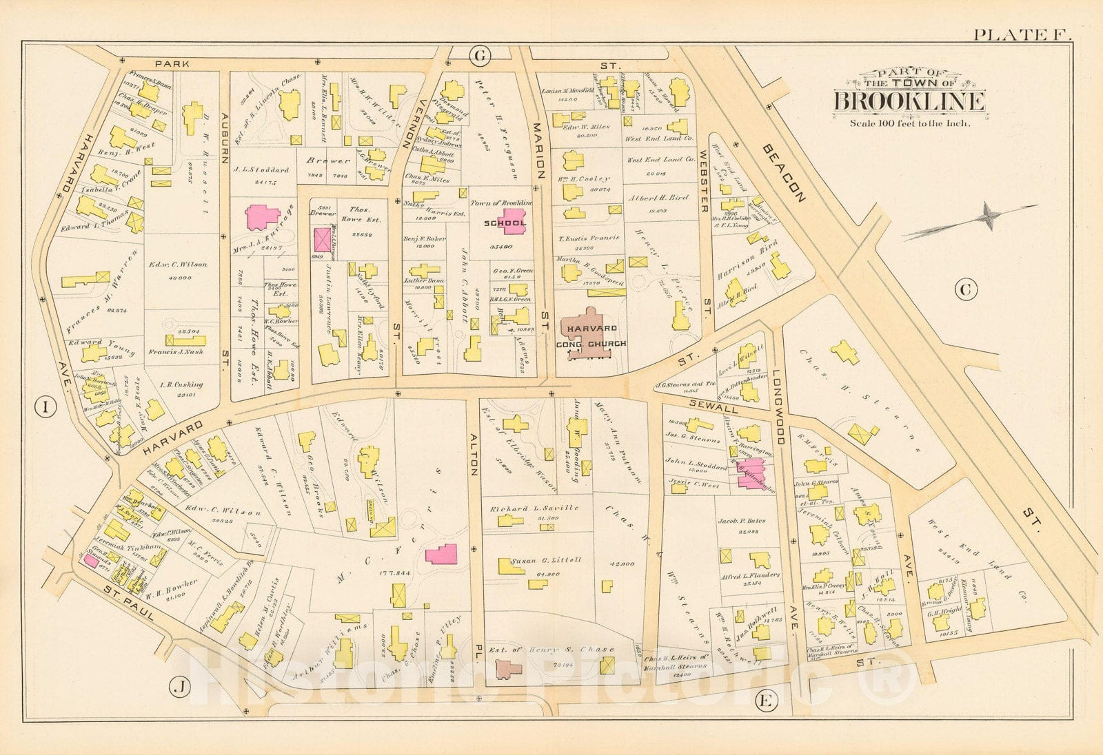 Historic Map : Atlas Town of Brookline, Brookline 1888 Plate F , Vintage Wall Art