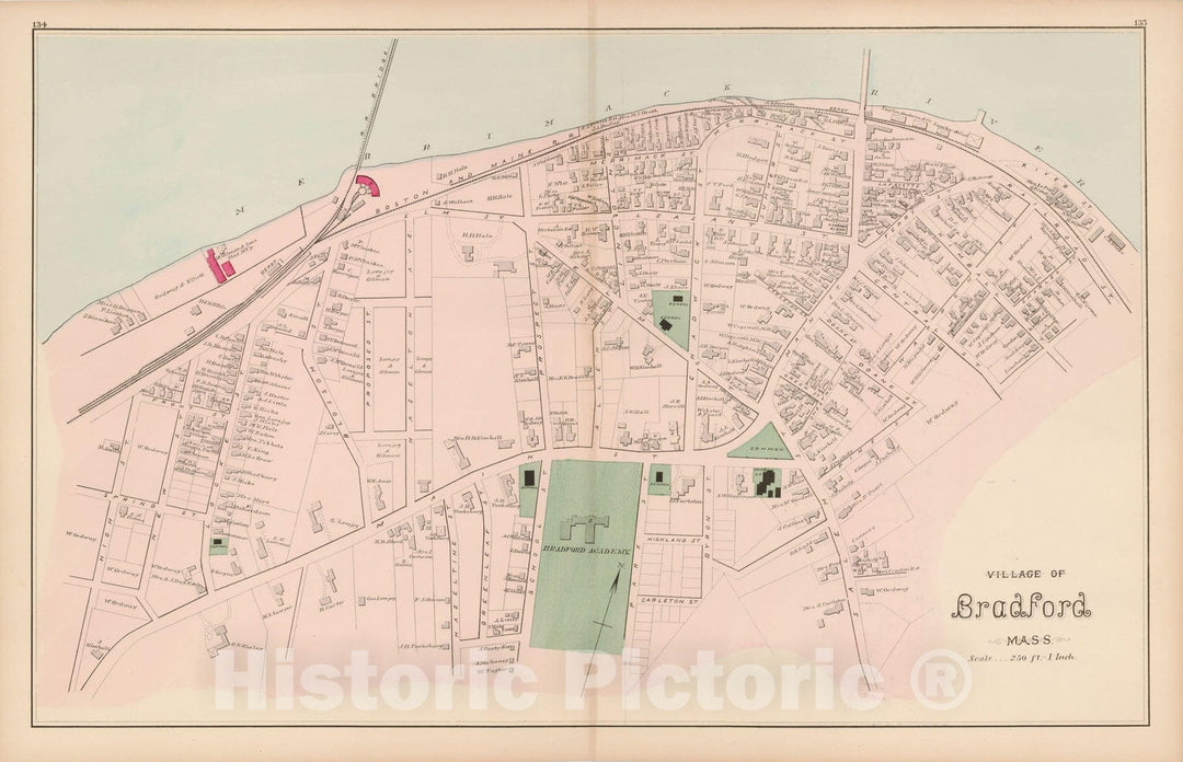 Historic Map : Atlas of Essex County, Bradford 1884 , Vintage Wall Art