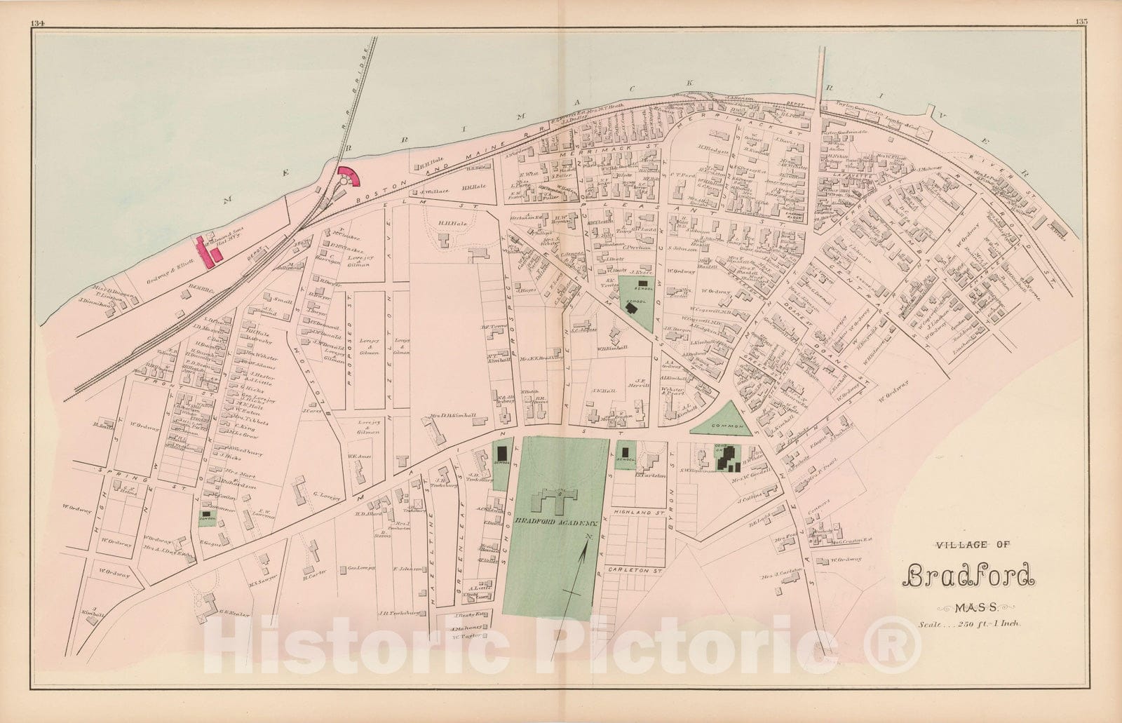 Historic Map : Atlas of Essex County, Bradford 1884 , Vintage Wall Art