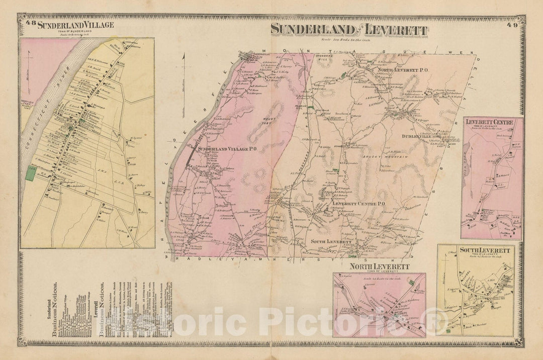 Historic Map : Atlas of Franklin Co. Massachusetts, Leverett & Sunderland 1871 , Vintage Wall Art