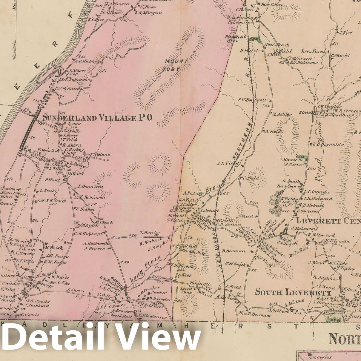 Historic Map : Atlas of Franklin Co. Massachusetts, Leverett & Sunderland 1871 , Vintage Wall Art