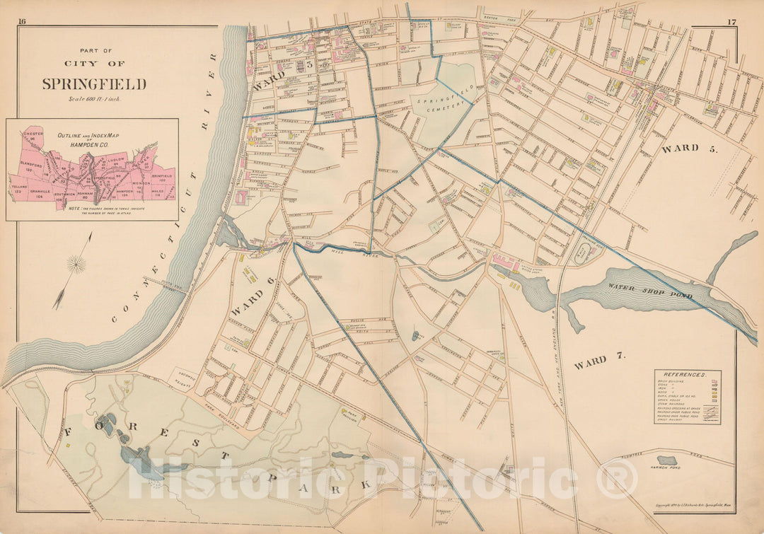 Historic Map : Atlas of Hampden County, Massachusetts, Springfield 1894 , v2, Vintage Wall Art