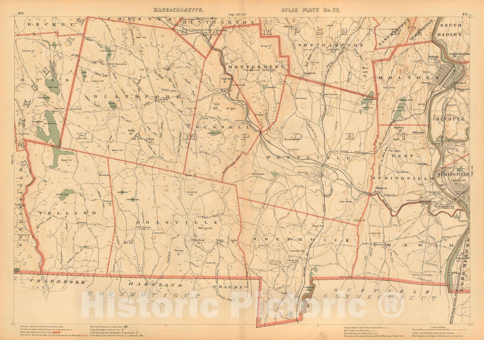 Historic Map : Atlas of Massachusetts, Agawam & Blandford & Granville & Holyoke & Russell & Southwick & Westfield 1891 Plate 022 , Vintage Wall Art