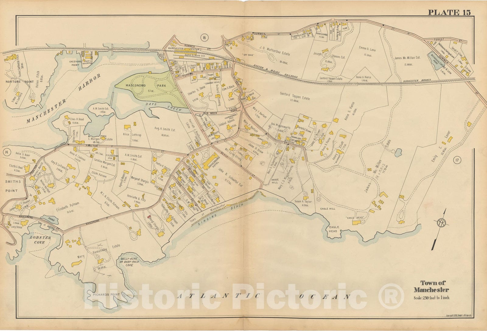 Historic Map : Atlas North Shore, Beverly to Magnolia, Essex County, Manchester & Manchester By The Sea 1919 Plate 015 , Vintage Wall Art