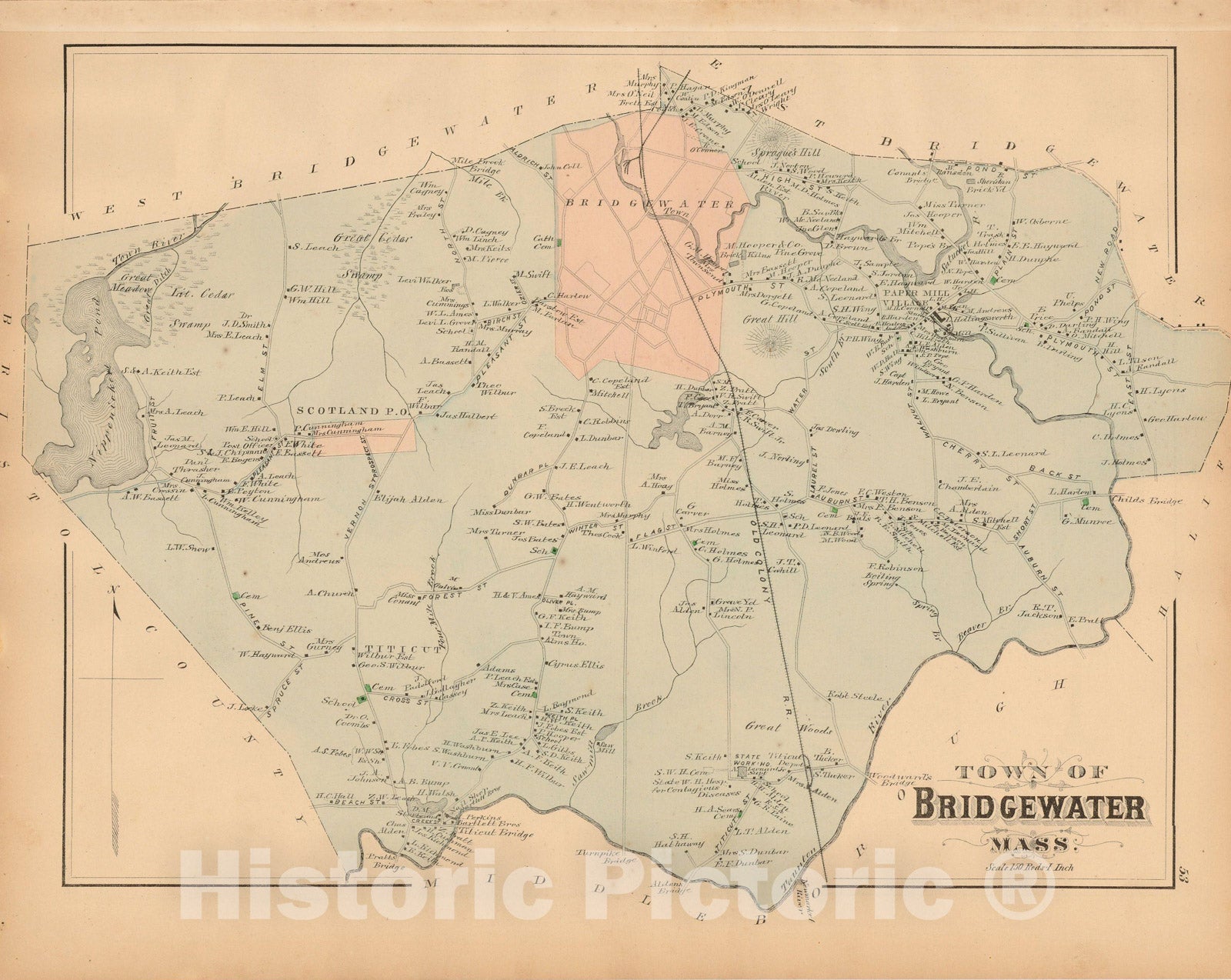 Historic Map : Atlas of Plymouth County Massachusetts, Bridgewater 1879 , v2, Vintage Wall Art